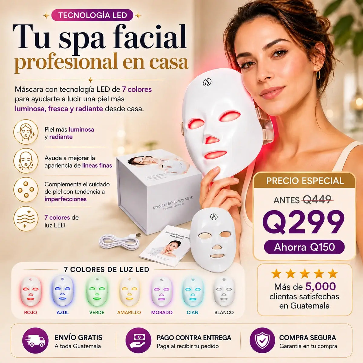 Máscara facial LED 7 colores | Tecnología de belleza profesional